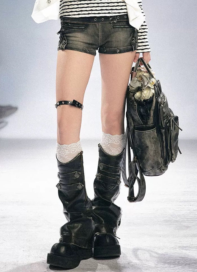 【Cest Nous】Lace Leather Leg 
Warmers