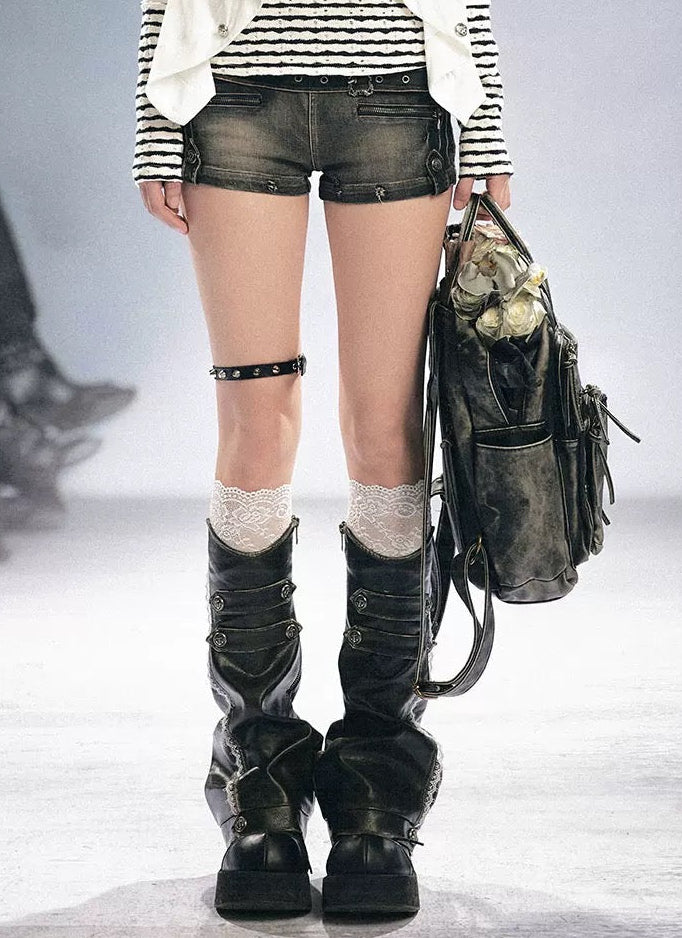 【Cest Nous】Lace Leather Leg 
Warmers