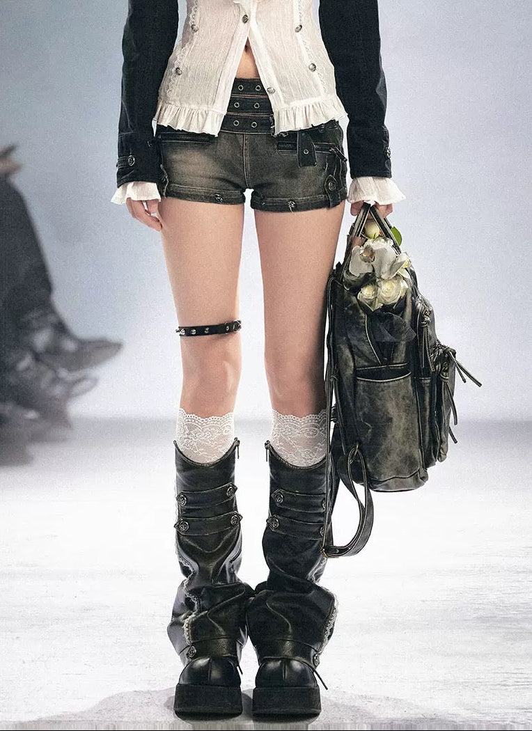 【Cest Nous】Lace Leather Leg 
Warmers