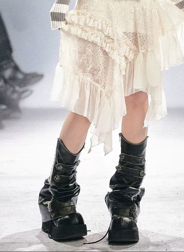 【Cest Nous】Lace Leather Leg 
Warmers