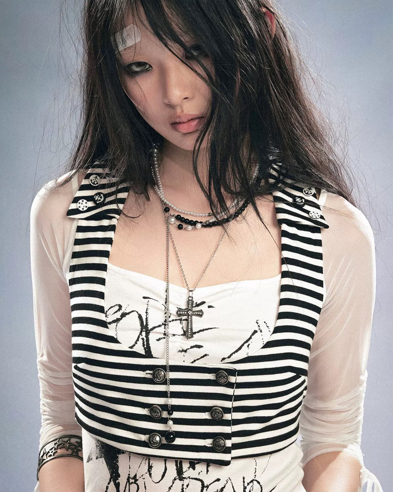 【Cest Nous】Striped Button 
Tank Top