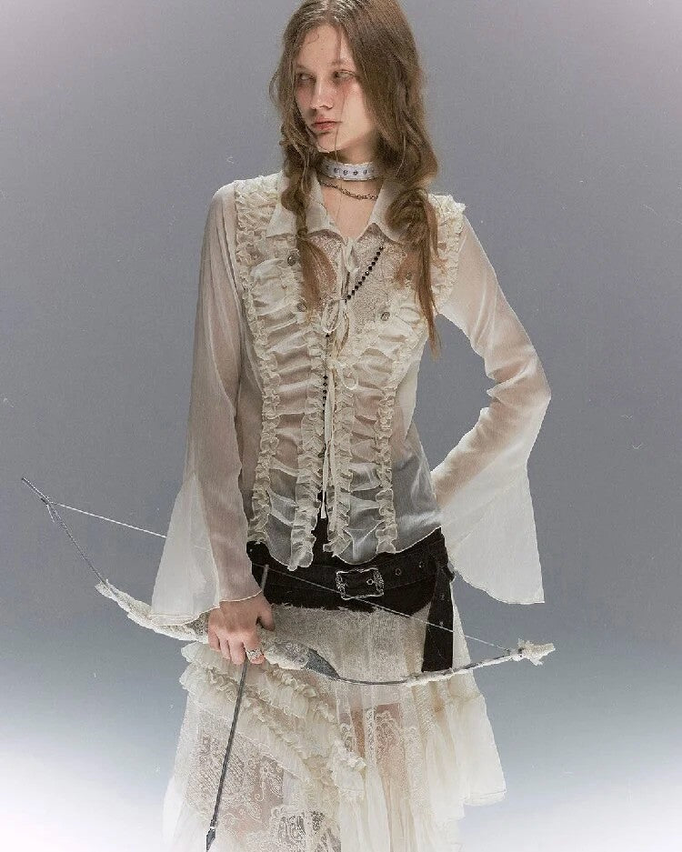 【Cest Nous】Lace Ruched Blouse
