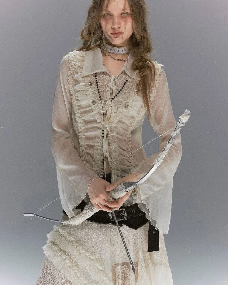 【Cest Nous】Lace Ruched Blouse