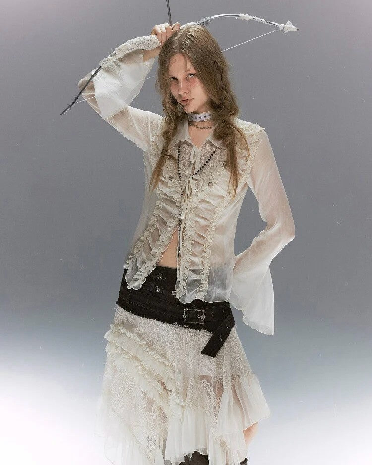 【Cest Nous】Lace Ruched Blouse