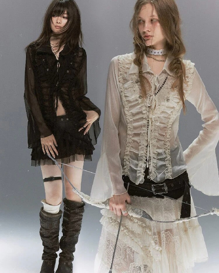 【Cest Nous】Lace Ruched Blouse