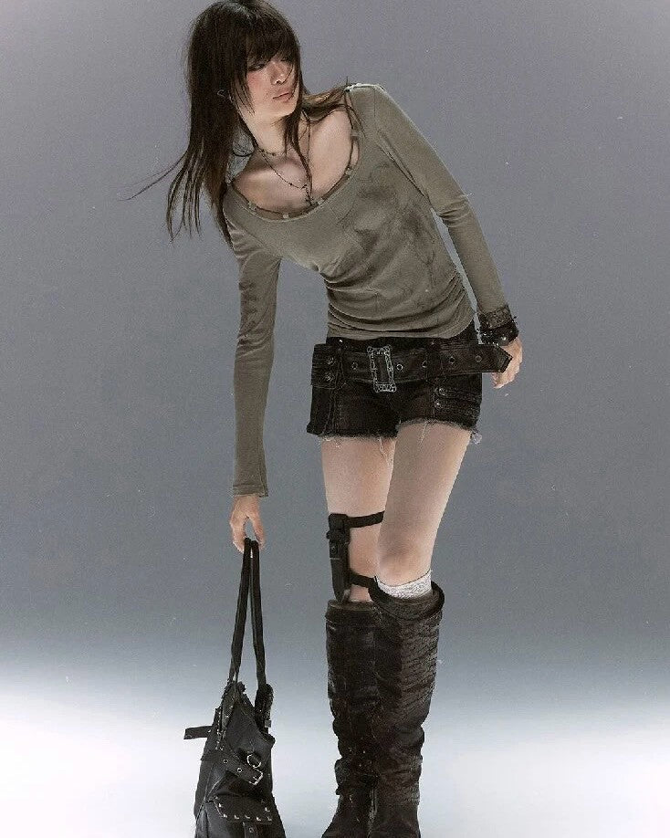 【Cest Nous】Denim Shorts With 
Belt