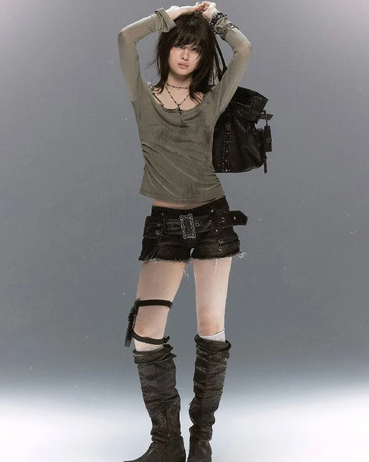 【Cest Nous】Denim Shorts With 
Belt