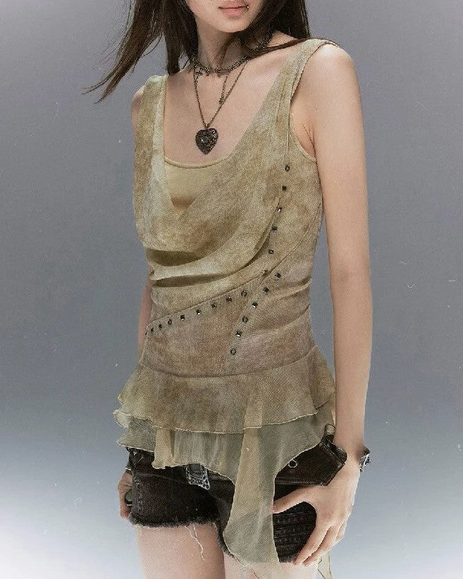 【Cest Nous】Draped Neck 
Rivet Cami Top