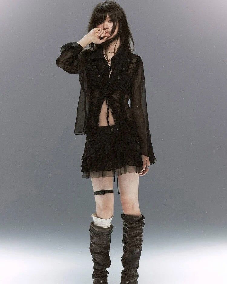 【Cest Nous】Lace Ruched Blouse
