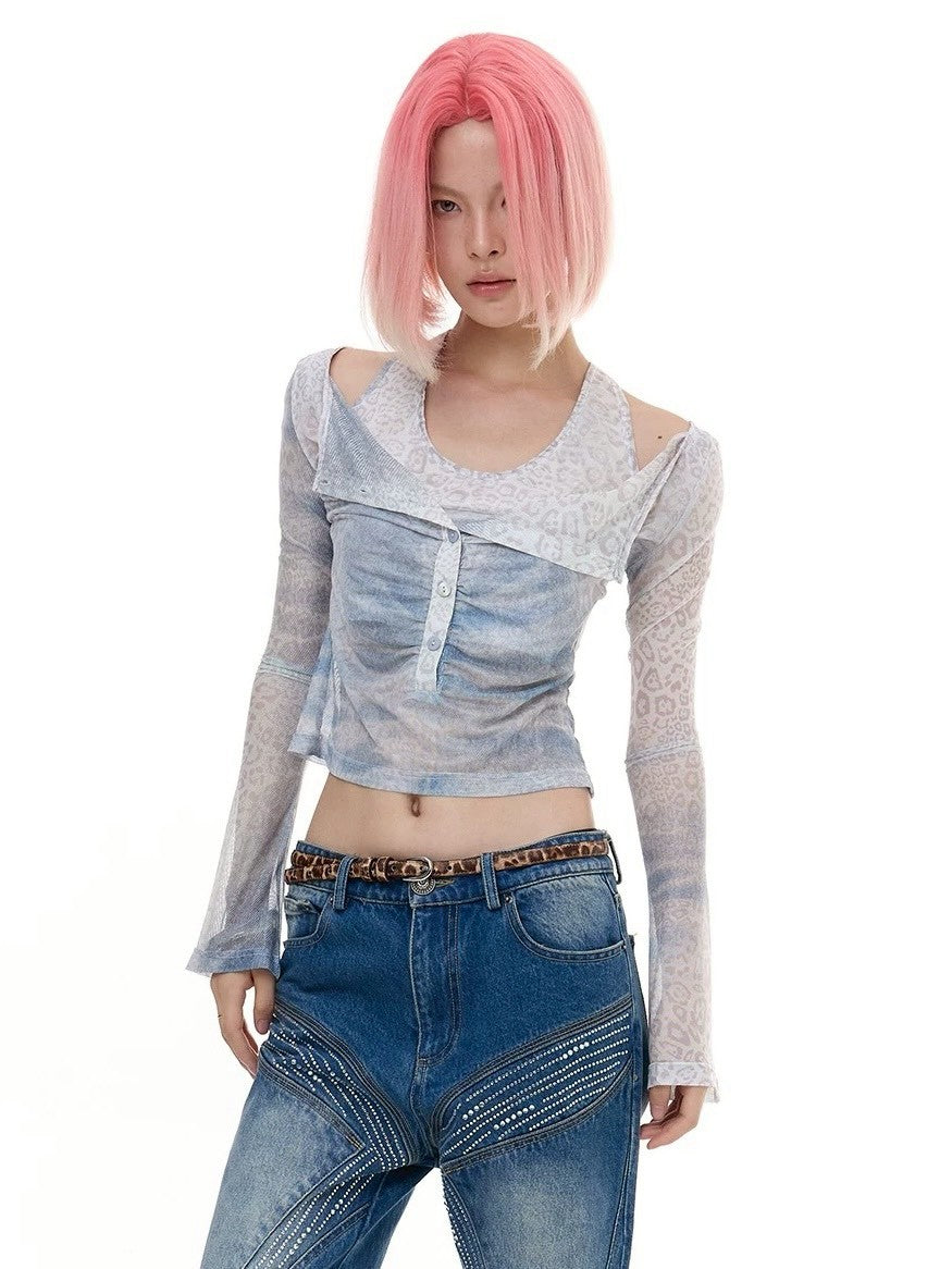 【DND4DES】Faux Two-Piece Leopard Print Henley Collar Long-Sleeved Top