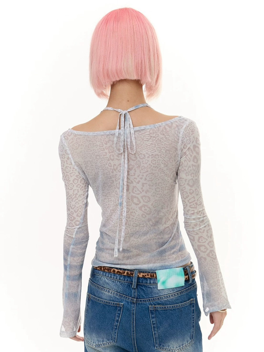 【DND4DES】Faux Two-Piece Leopard Print Henley Collar Long-Sleeved Top