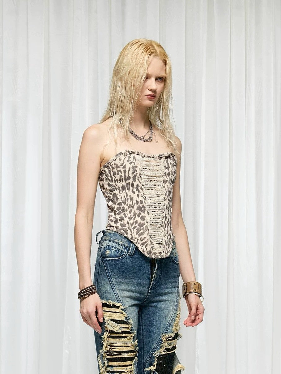 【DND4DES】Leopard Print Ripped Tube Top