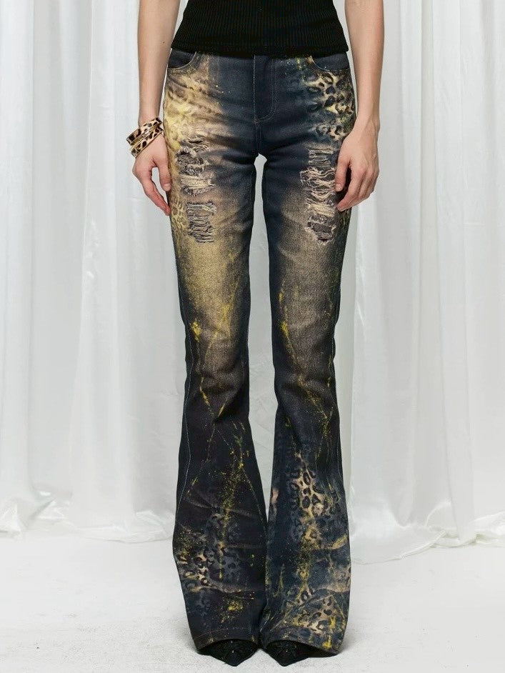 【DND4DES】Leopard Print Flared Pants With Gold Foil Stamping
