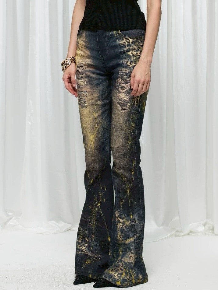 【DND4DES】Leopard Print Flared Pants With Gold Foil Stamping
