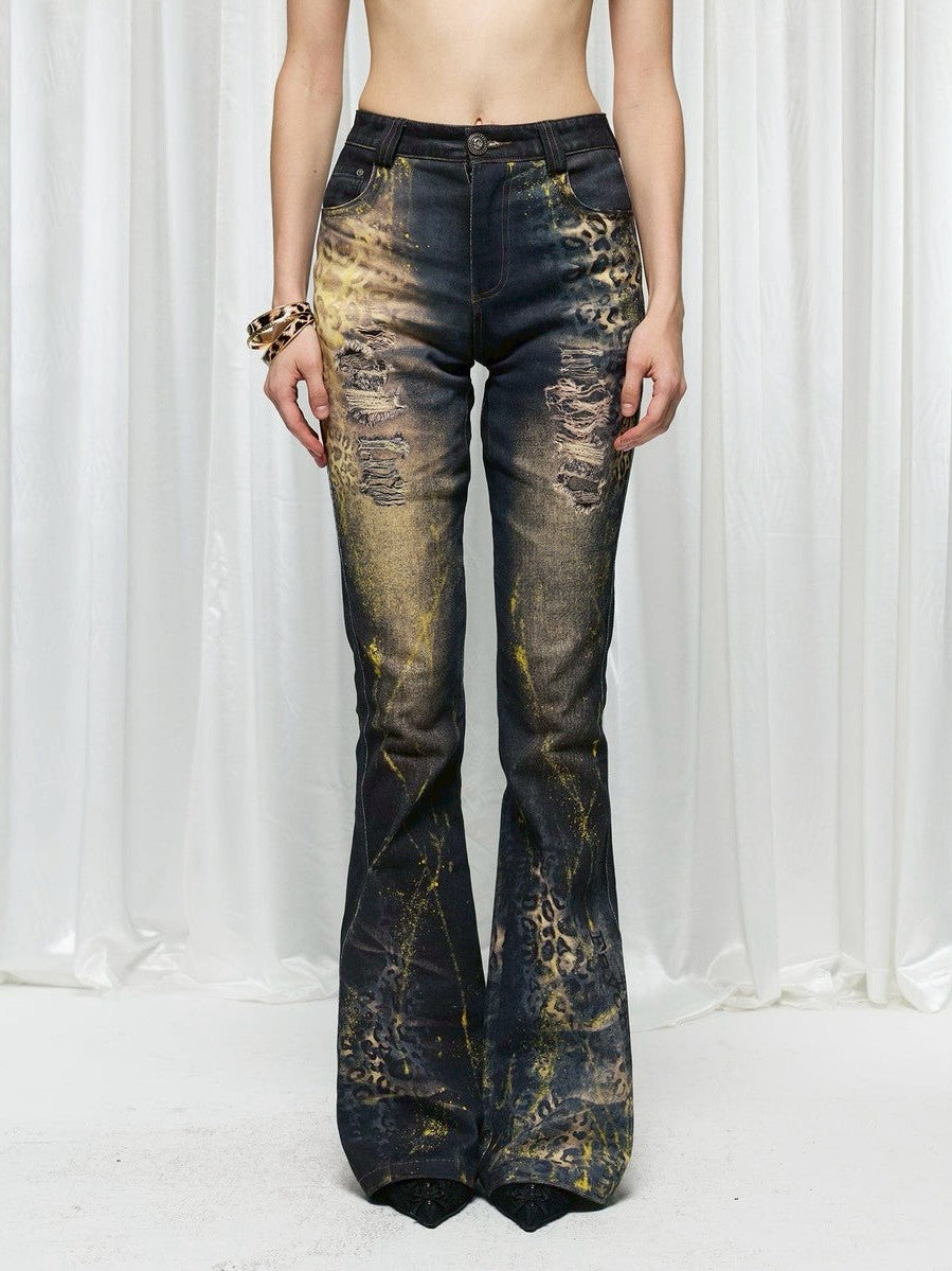 【DND4DES】Leopard Print Flared Pants With Gold Foil Stamping
