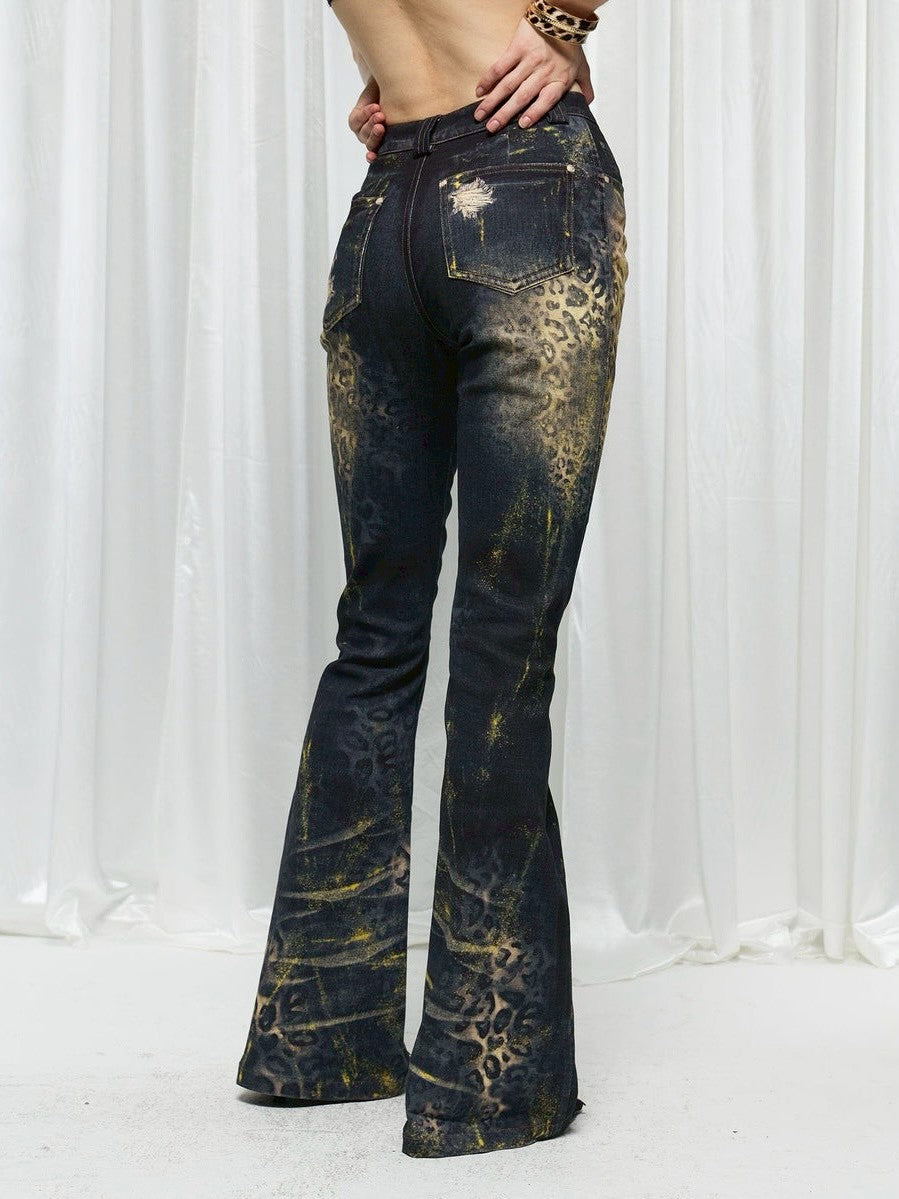【DND4DES】Leopard Print Flared Pants With Gold Foil Stamping