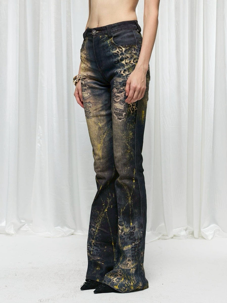 【DND4DES】Leopard Print Flared Pants With Gold Foil Stamping
