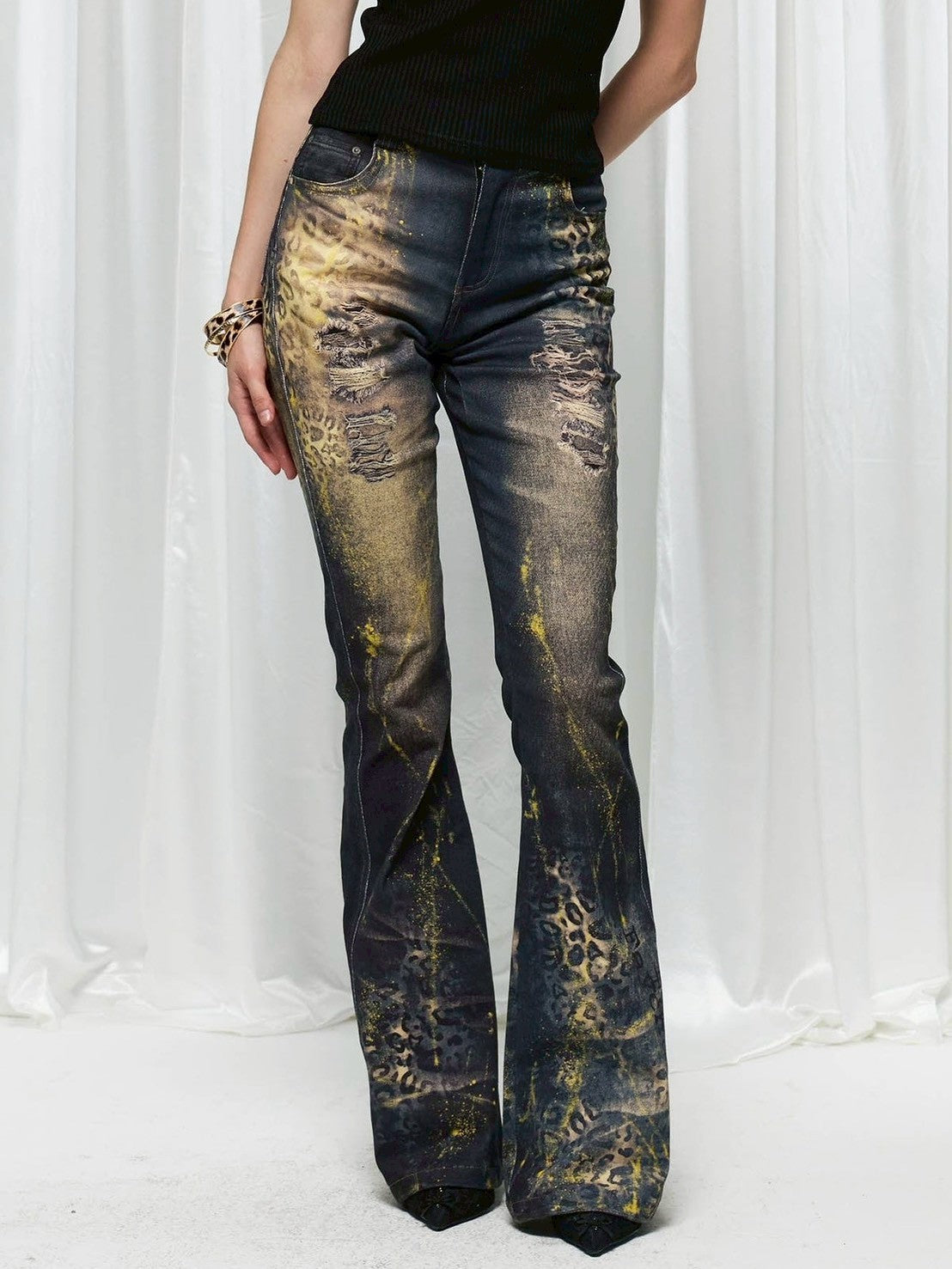【DND4DES】Leopard Print Flared Pants With Gold Foil Stamping