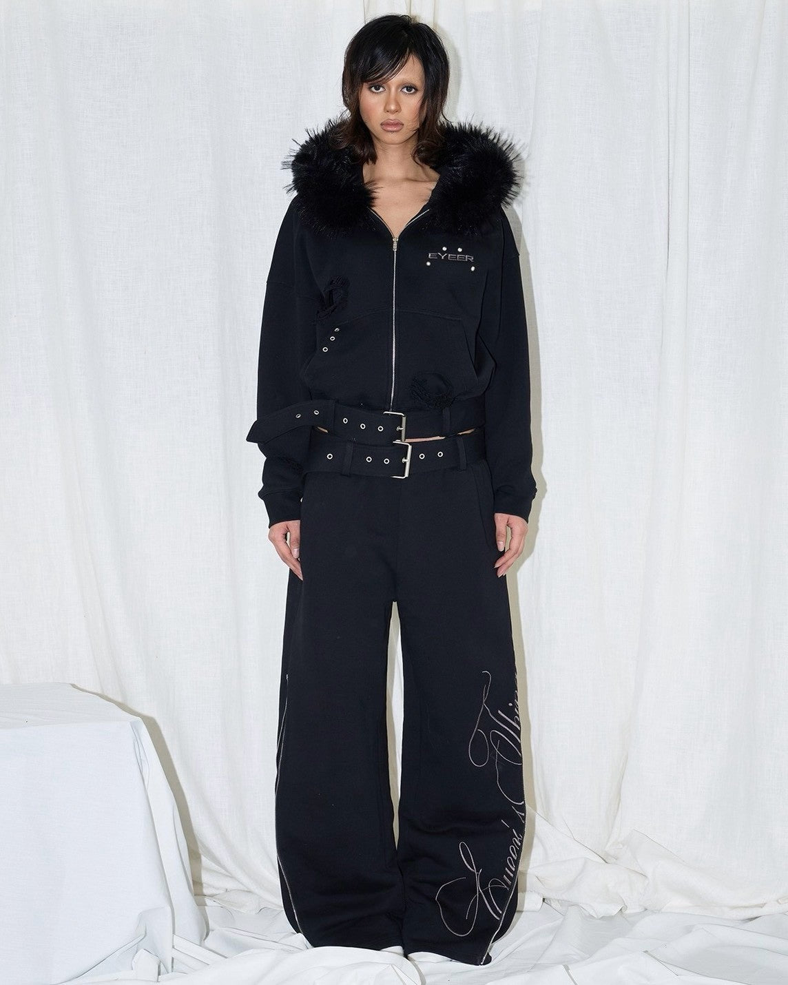 【EYEER】Belted Fur Hoodie Zip-up