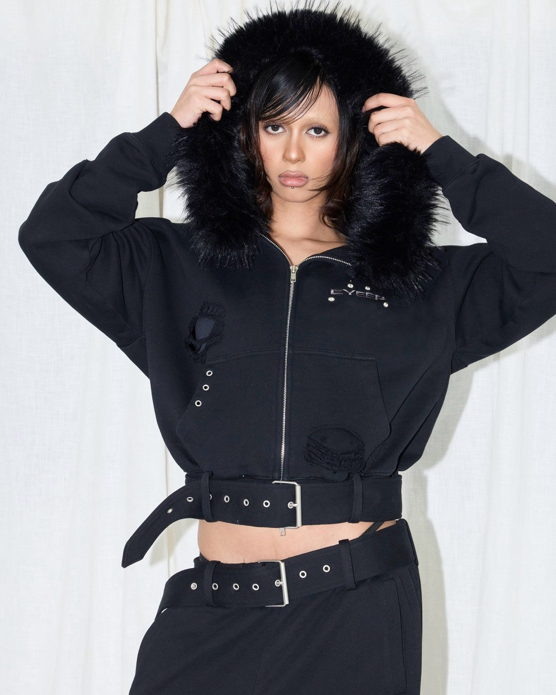 【EYEER】Belted Fur Hoodie Zip-up