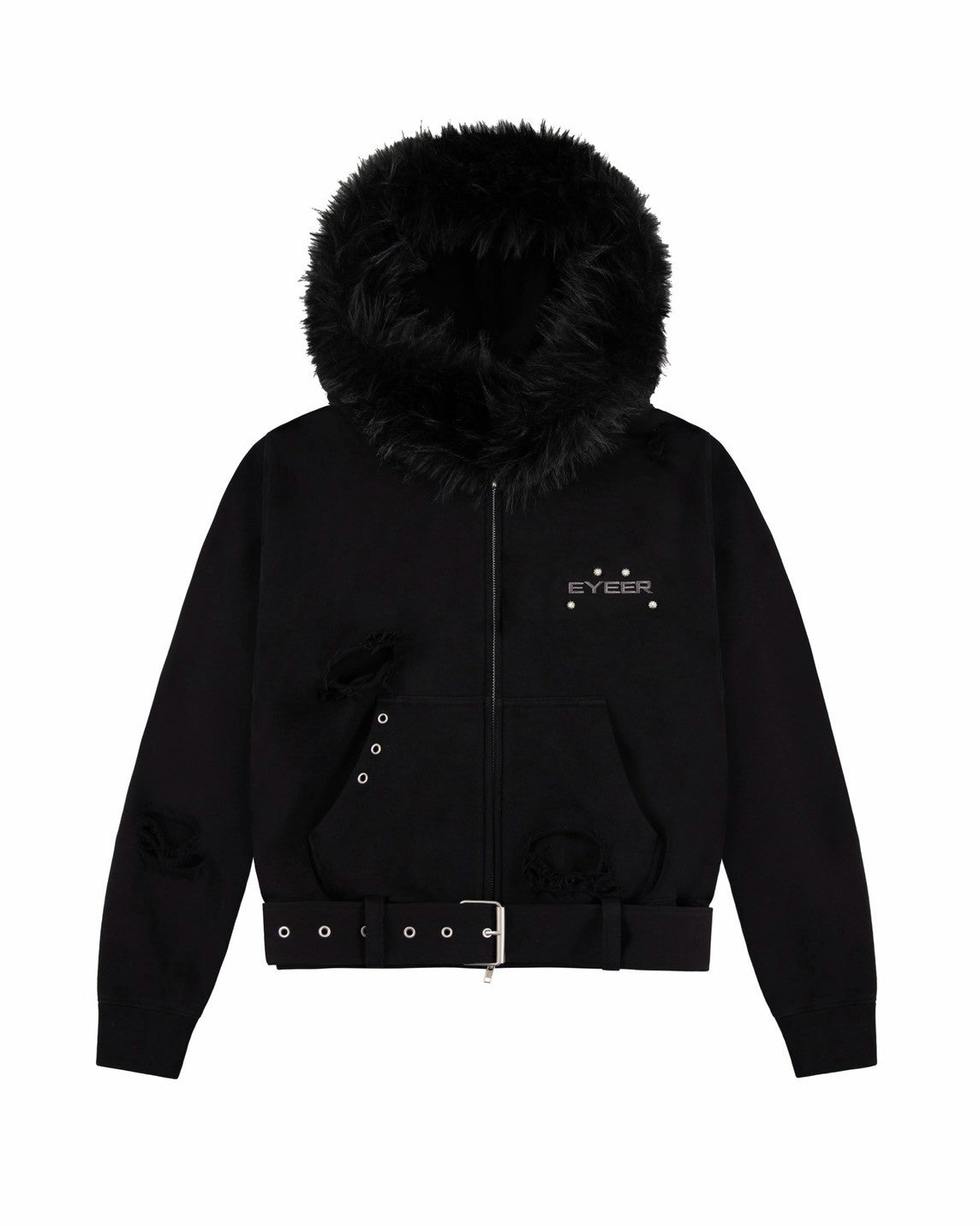 【EYEER】Belted Fur Hoodie Zip-up