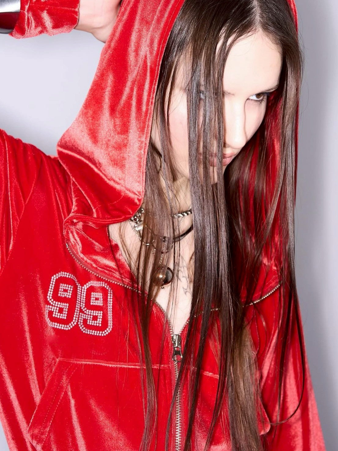 【EYEER】Hotfix Velvet Hooded Zip-up