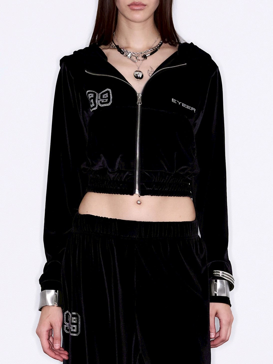 【EYEER】Hotfix Velvet Hooded Zip-up
