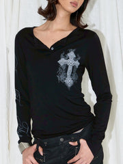【EYEER】Cross Logo Henley Neck Long Sleeve