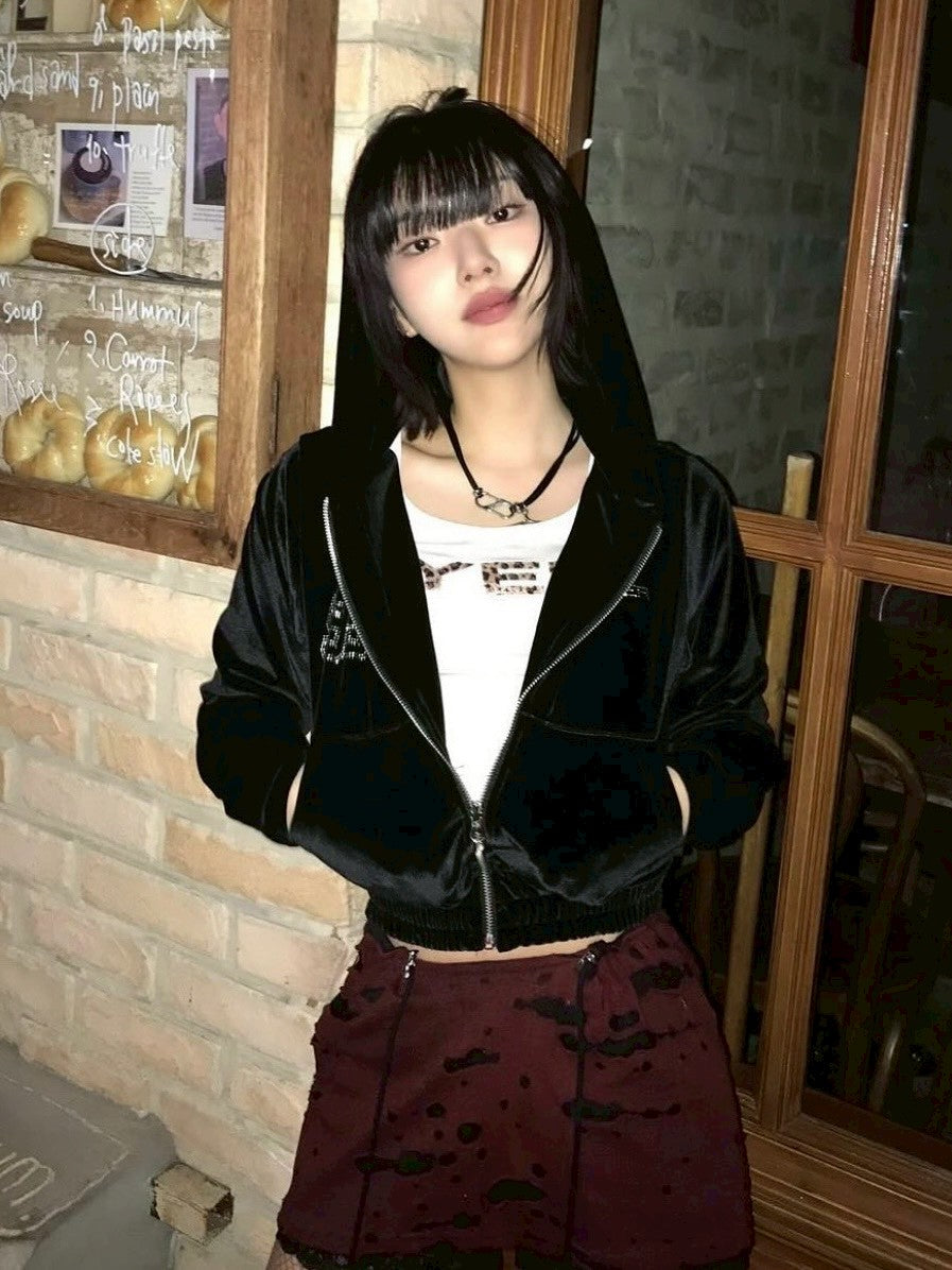 【EYEER】Hotfix Velvet Hooded Zip-up