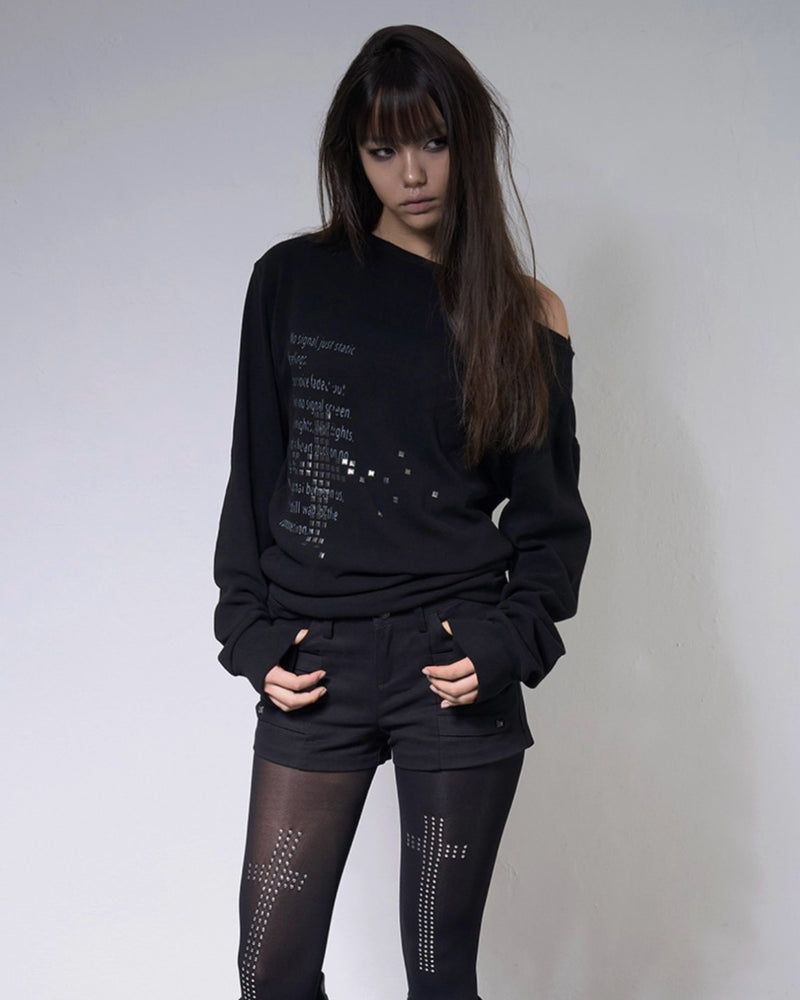 【FANCY CLUB】PIXEL CROSS ONE-SHOULDER SWEATSHIRT