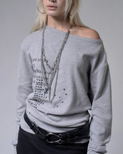 【FANCY CLUB】PIXEL CROSS ONE-SHOULDER SWEATSHIRT