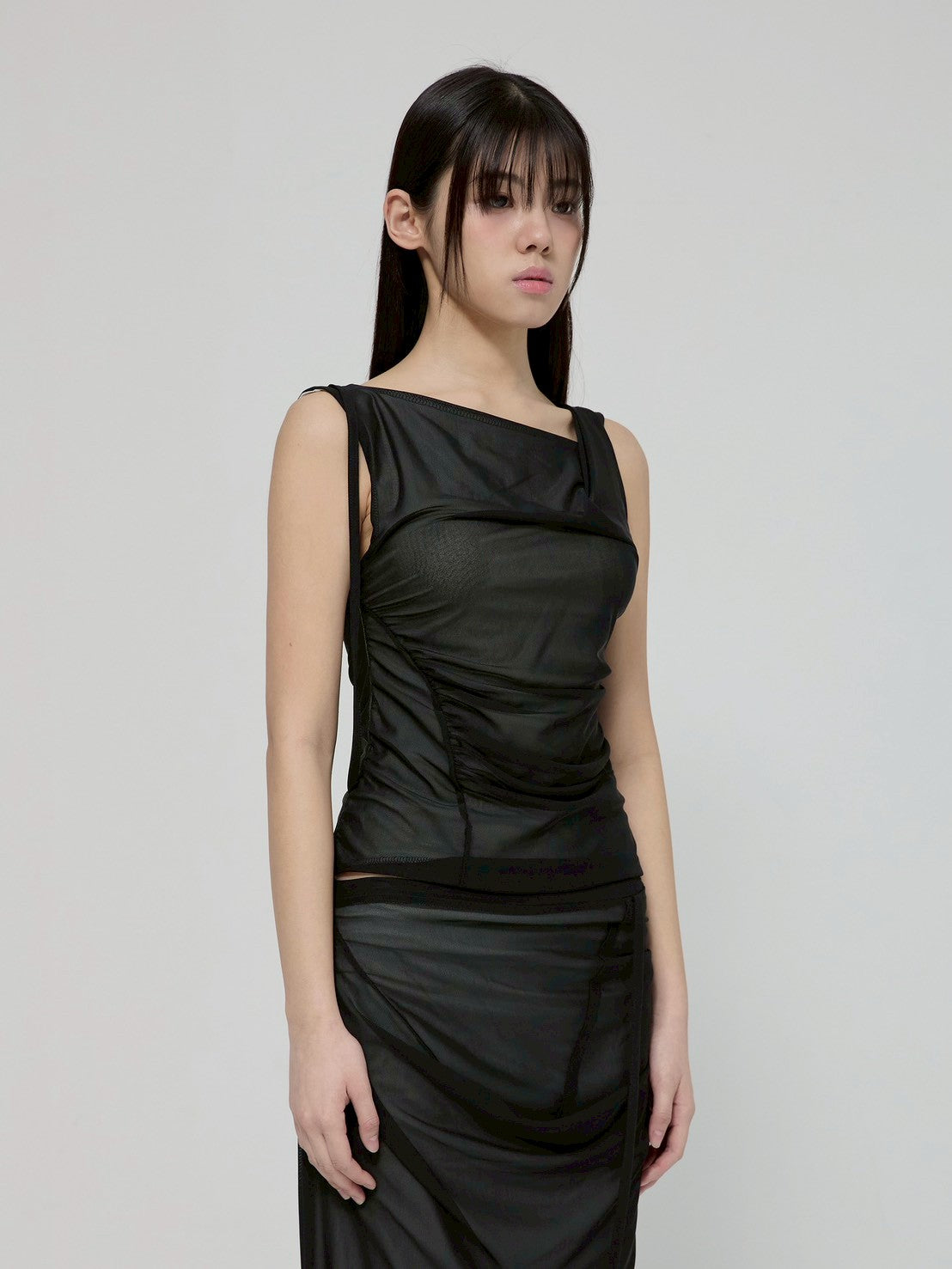 6/22 21:00発売【FLAREUP】Draped Mesh Layered Sleeveless