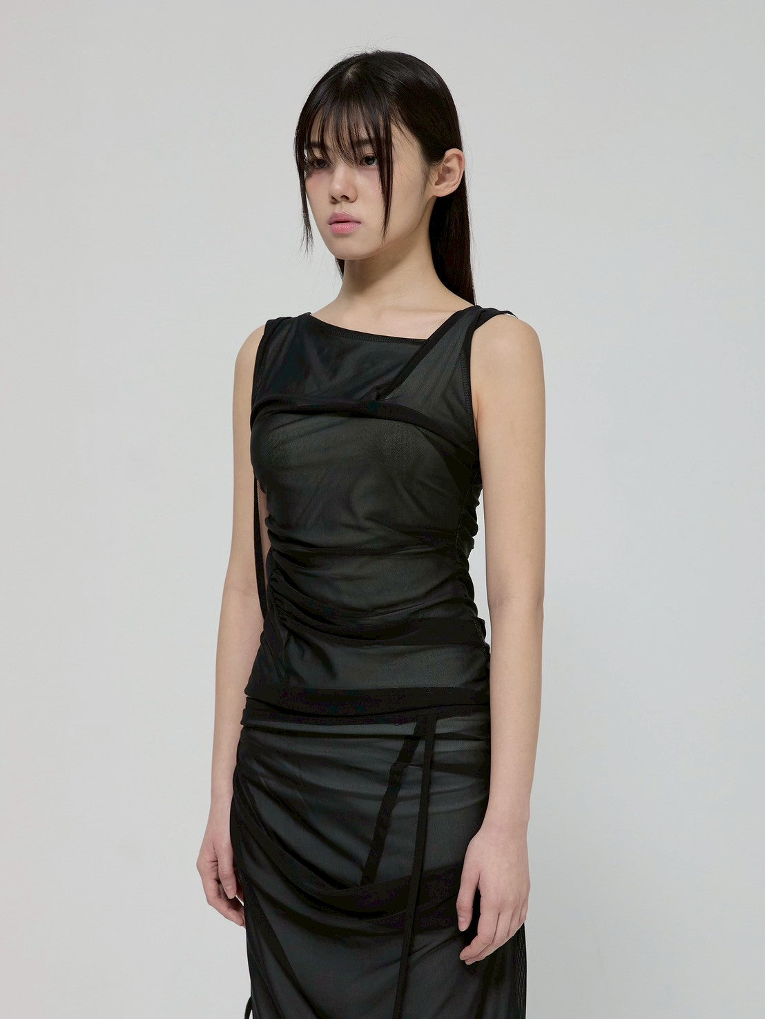 6/22 21:00発売【FLAREUP】Draped Mesh Layered Sleeveless