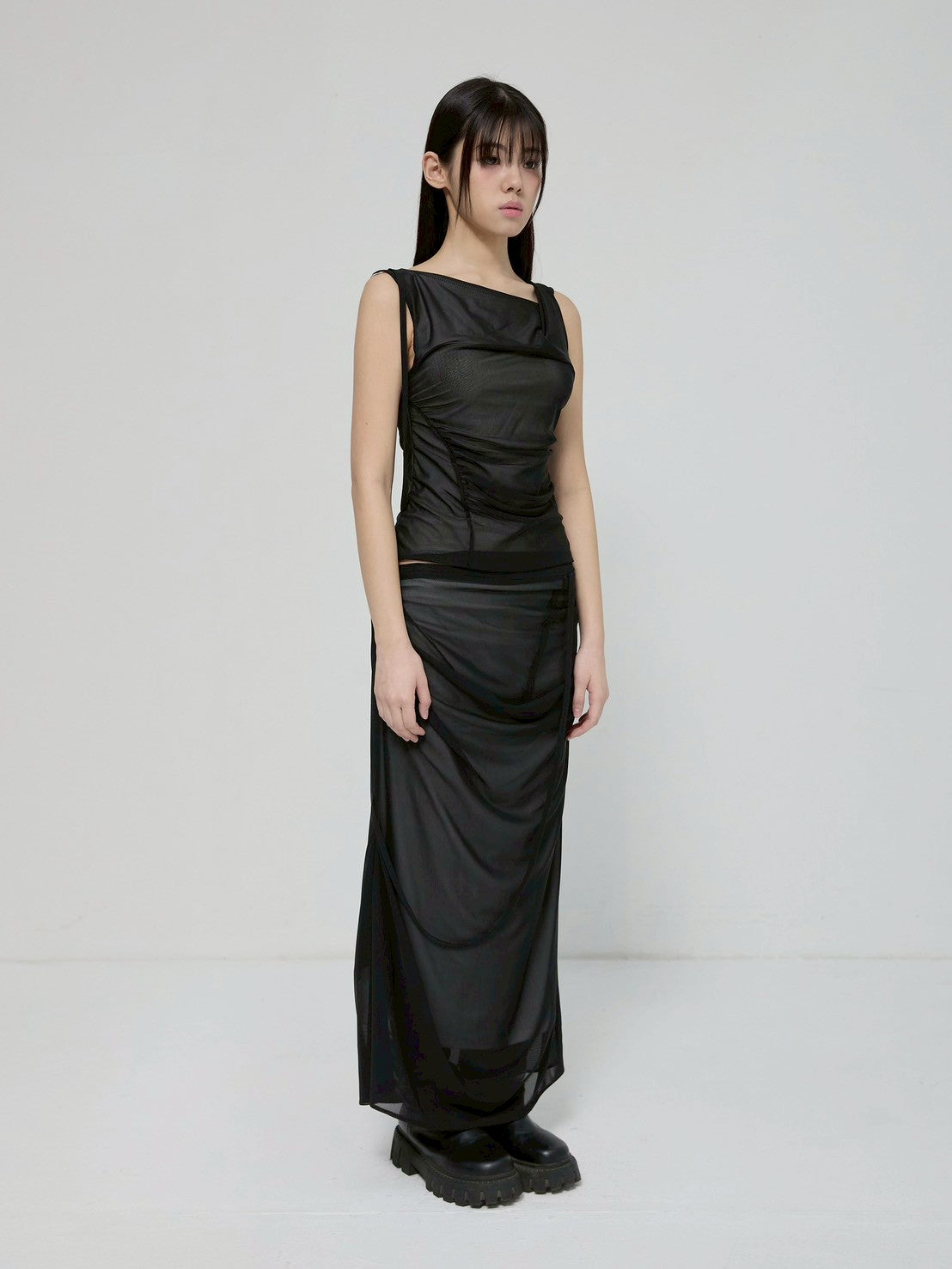 6/22 21:00発売【FLAREUP】Draped Mesh Layered Sleeveless
