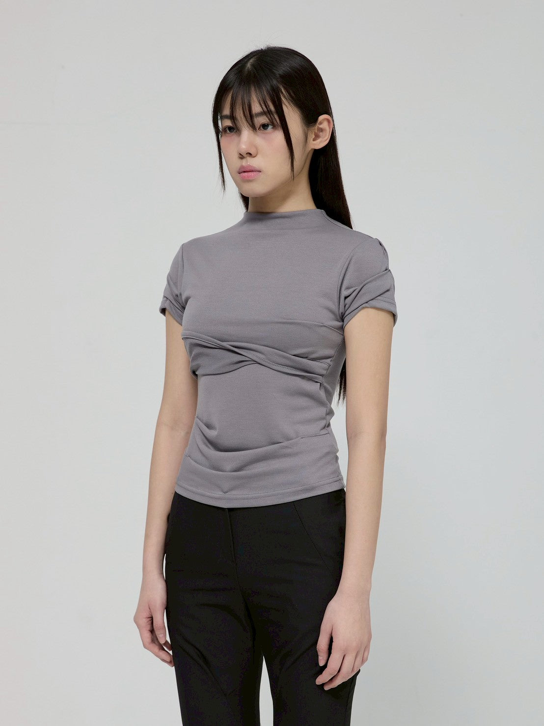 6/22 21:00発売【FLAREUP】Asymmetrical Draped Mock Neck T-Shirt