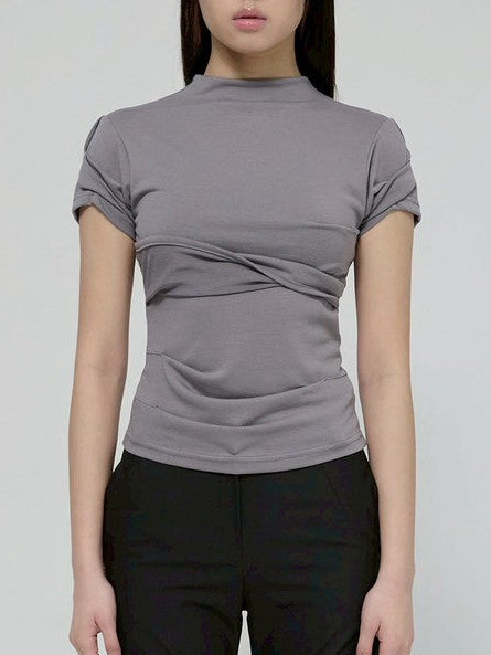 【FLAREUP】Asymmetrical Draped Mock Neck T-Shirt