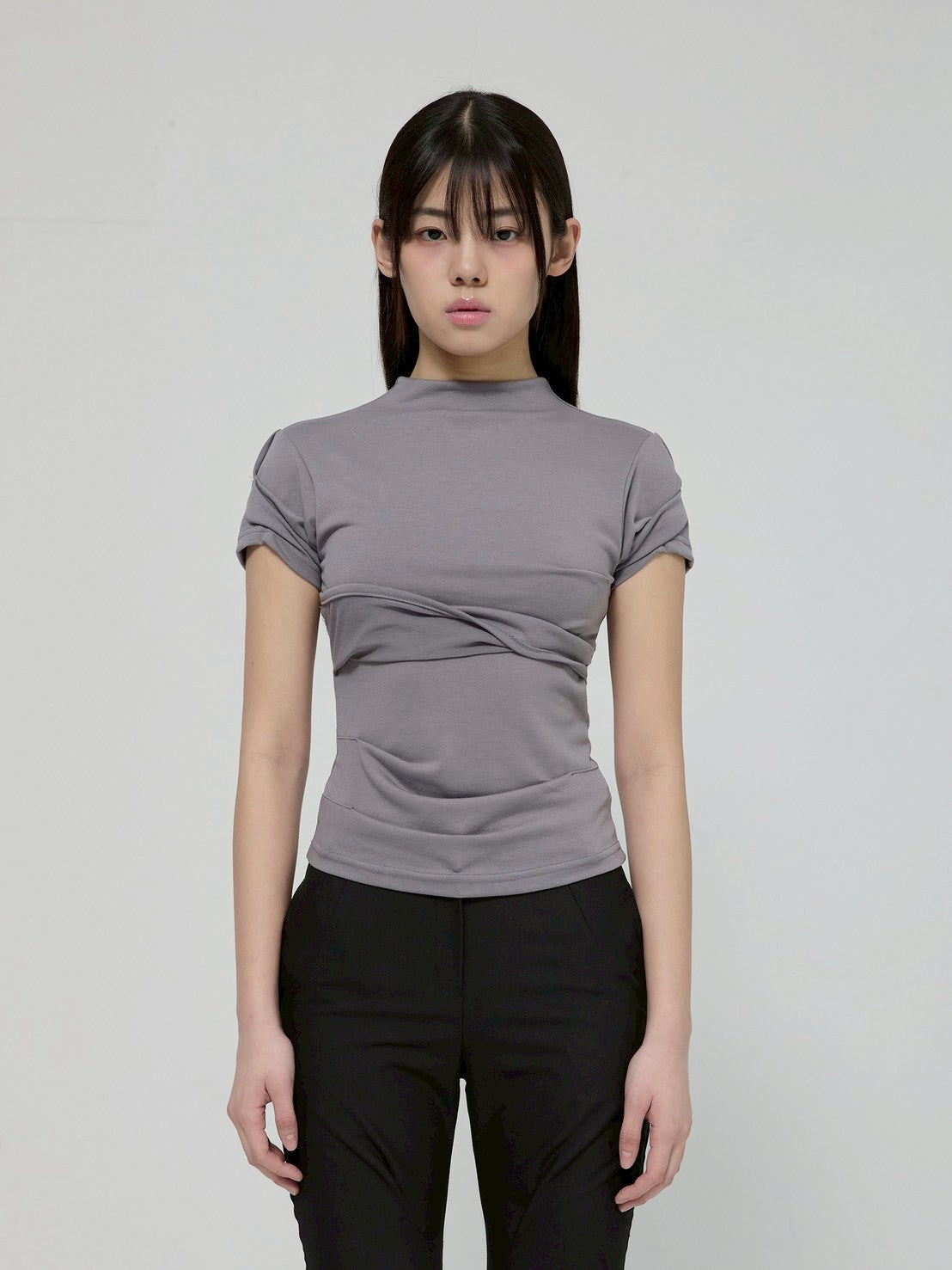 6/22 21:00発売【FLAREUP】Asymmetrical Draped Mock Neck T-Shirt