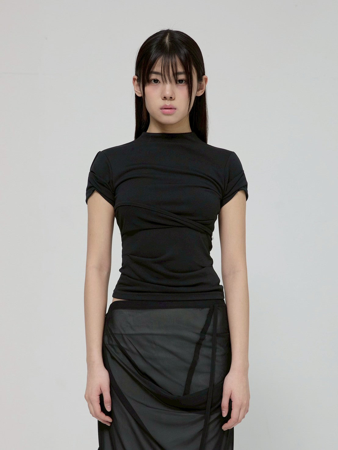6/22 21:00発売【FLAREUP】Asymmetrical Draped Mock Neck T-Shirt