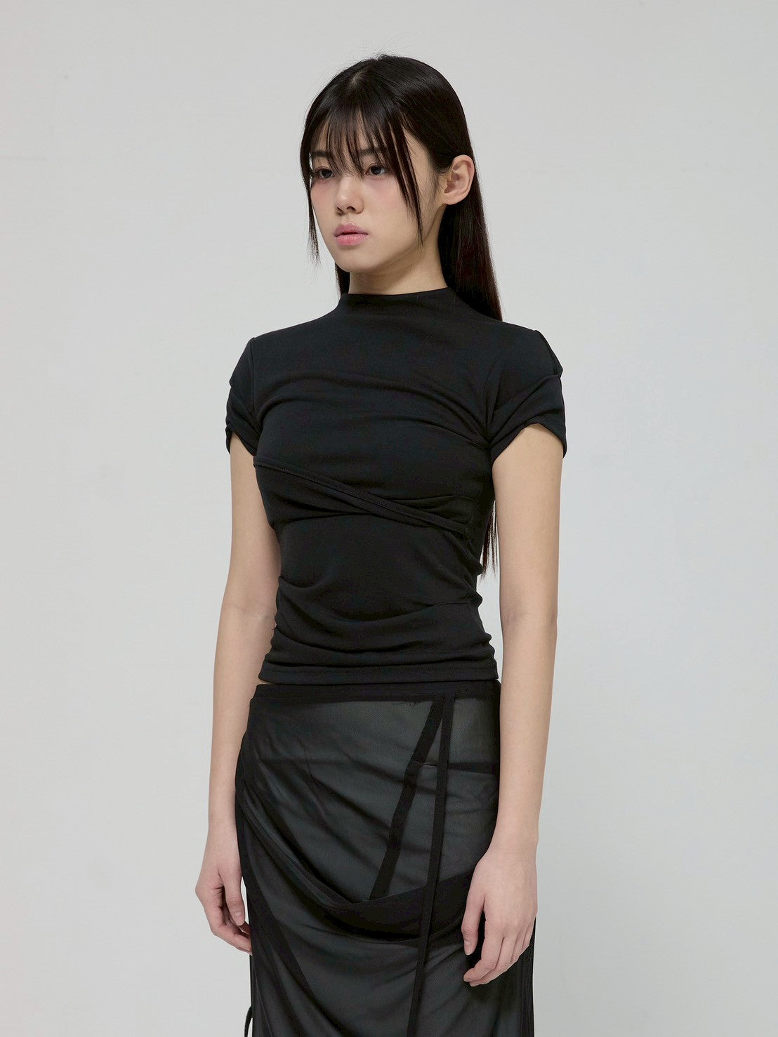 6/22 21:00発売【FLAREUP】Asymmetrical Draped Mock Neck T-Shirt