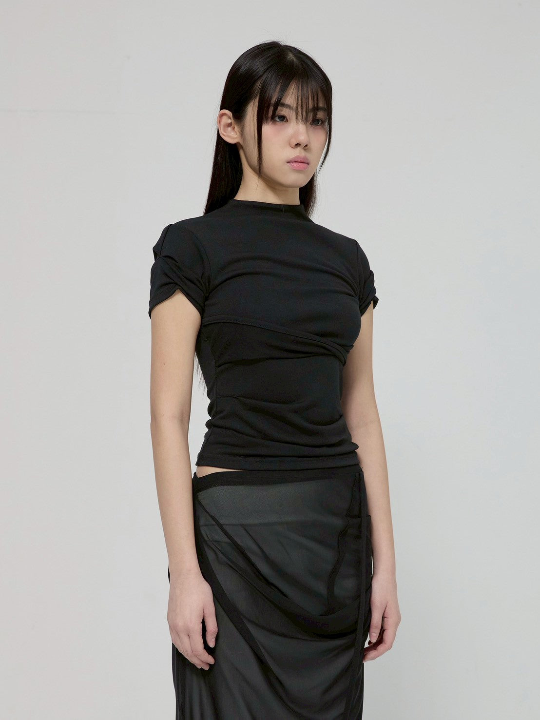 6/22 21:00発売【FLAREUP】Asymmetrical Draped Mock Neck T-Shirt