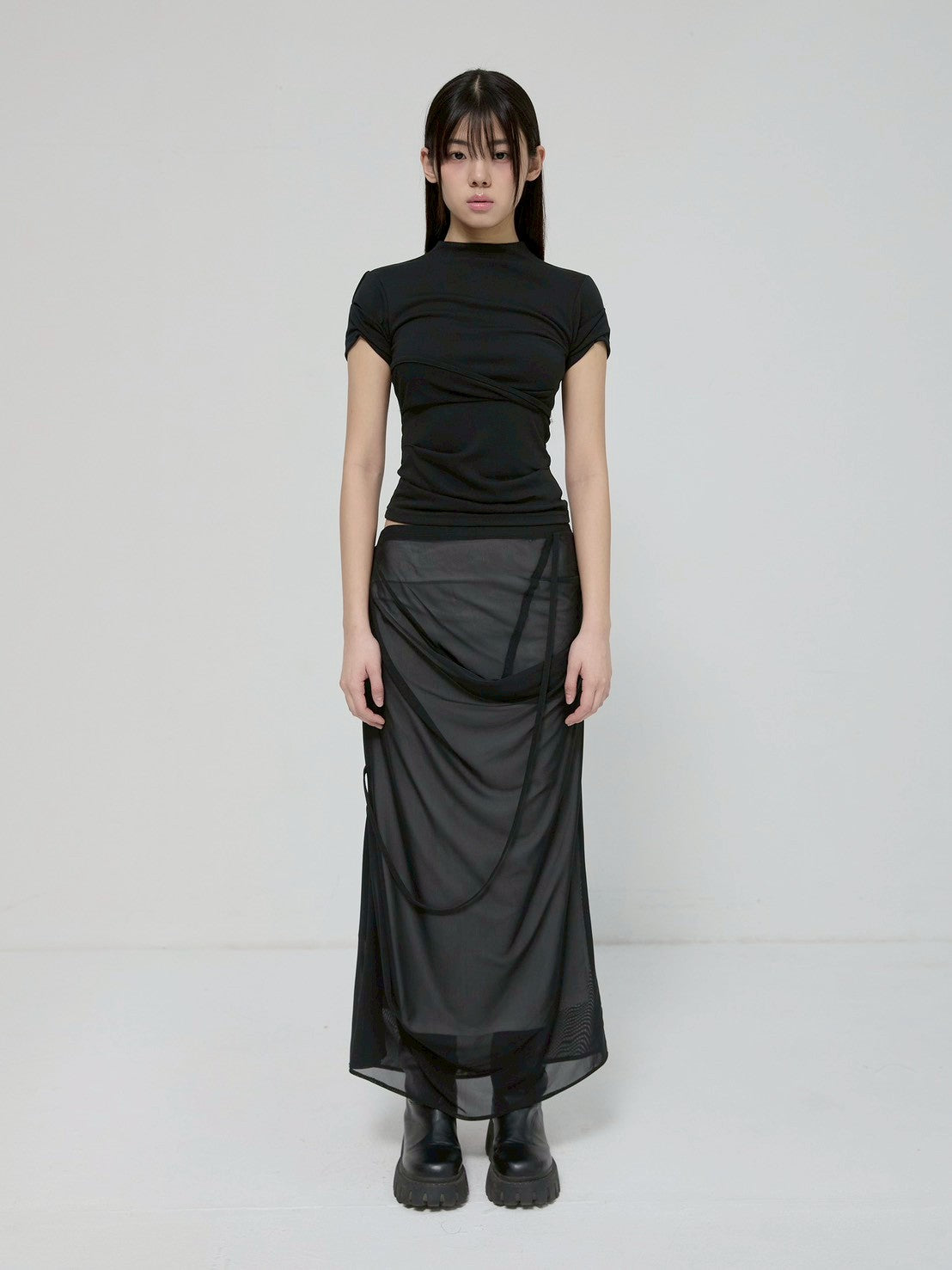 6/22 21:00発売【FLAREUP】Asymmetrical Draped Mock Neck T-Shirt