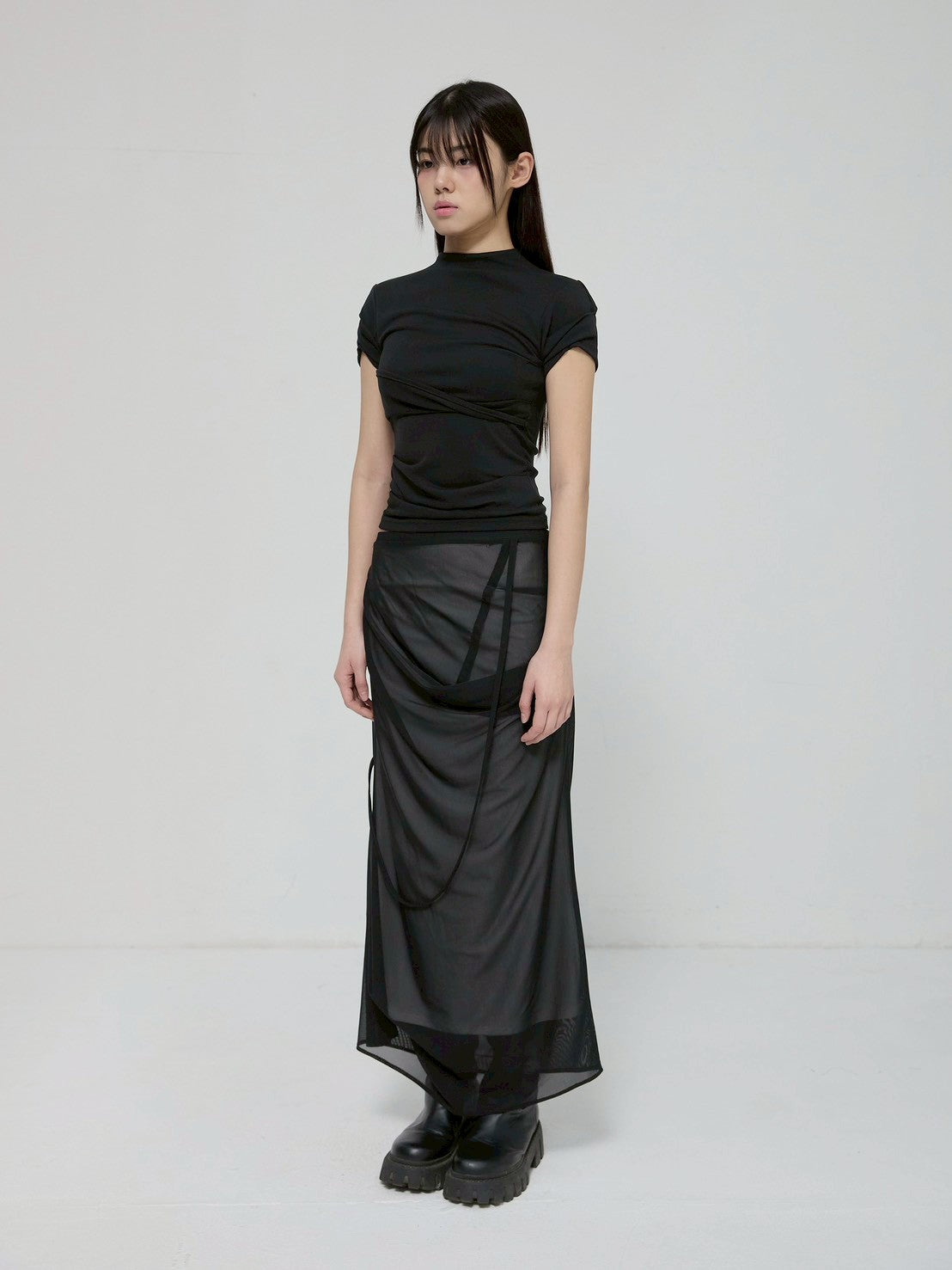 6/22 21:00発売【FLAREUP】Asymmetrical Draped Mock Neck T-Shirt