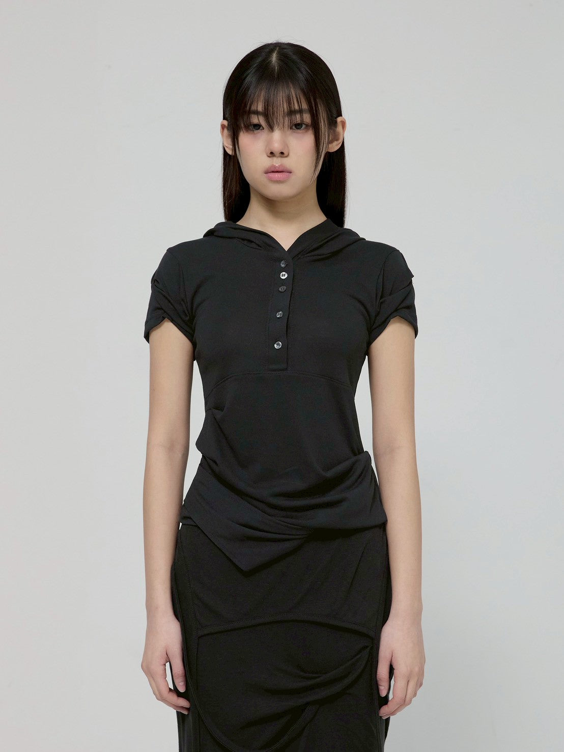 6/22 21:00発売【FLAREUP】Asymmetrical Half Sleeve Draped Hoodie