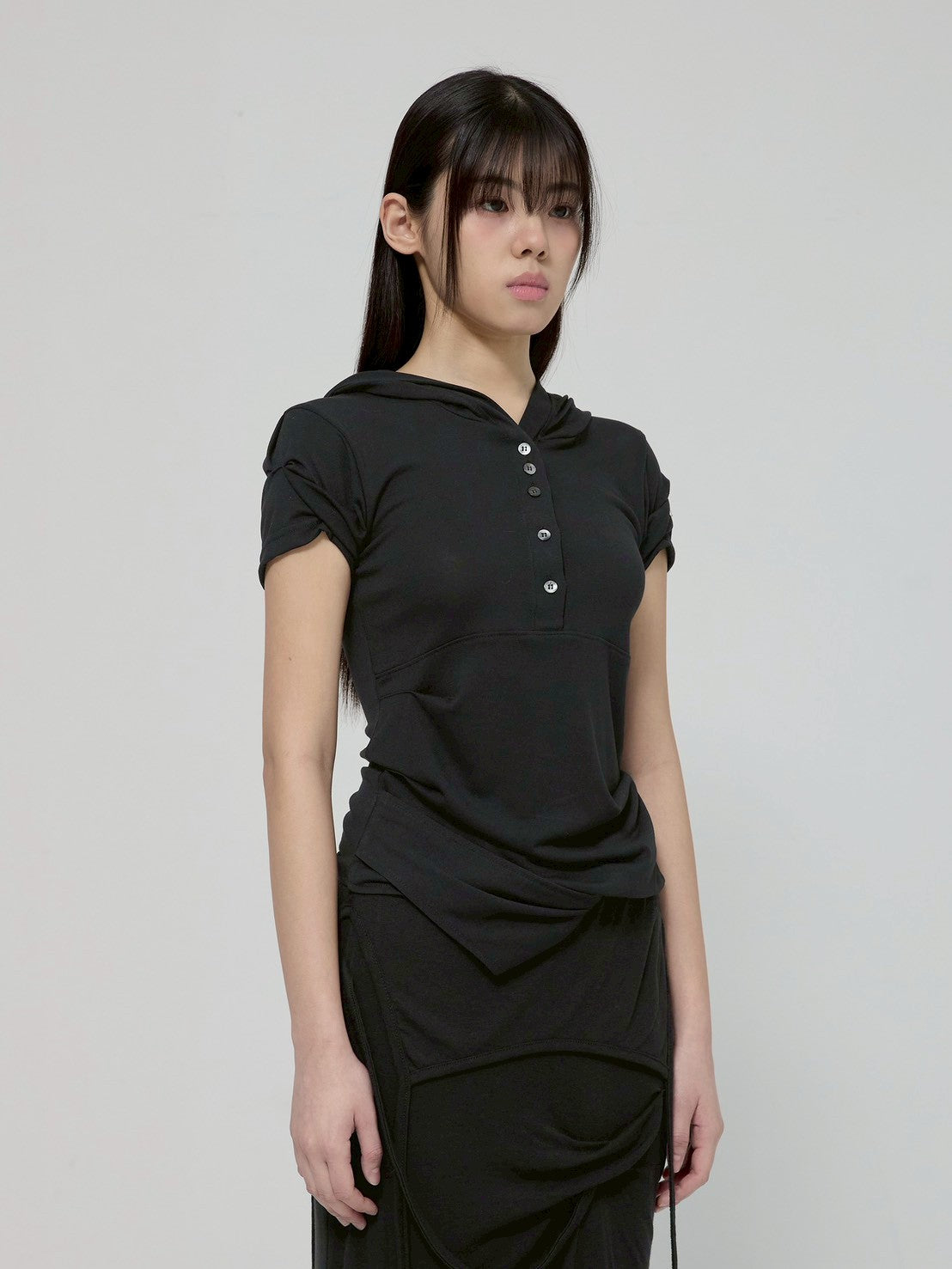 6/22 21:00発売【FLAREUP】Asymmetrical Half Sleeve Draped Hoodie