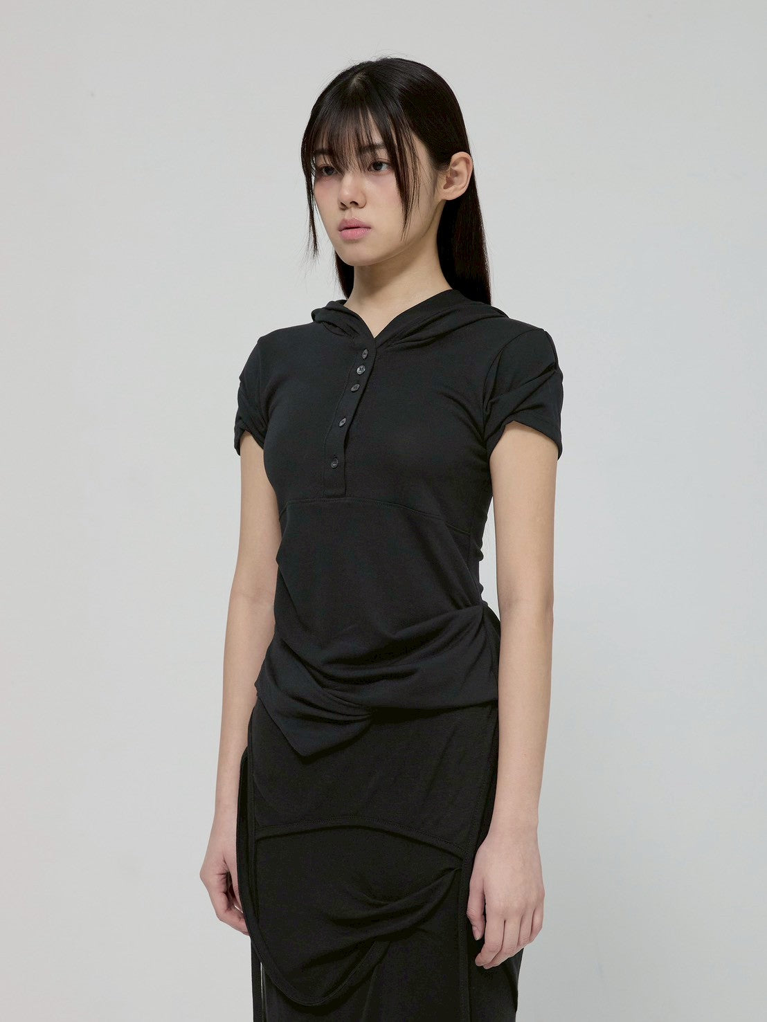 6/22 21:00発売【FLAREUP】Asymmetrical Half Sleeve Draped Hoodie