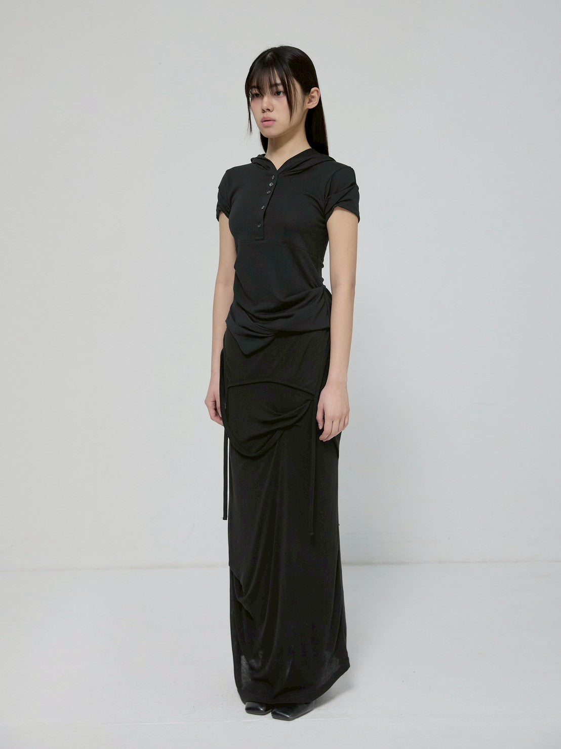 6/22 21:00発売【FLAREUP】Asymmetrical Half Sleeve Draped Hoodie