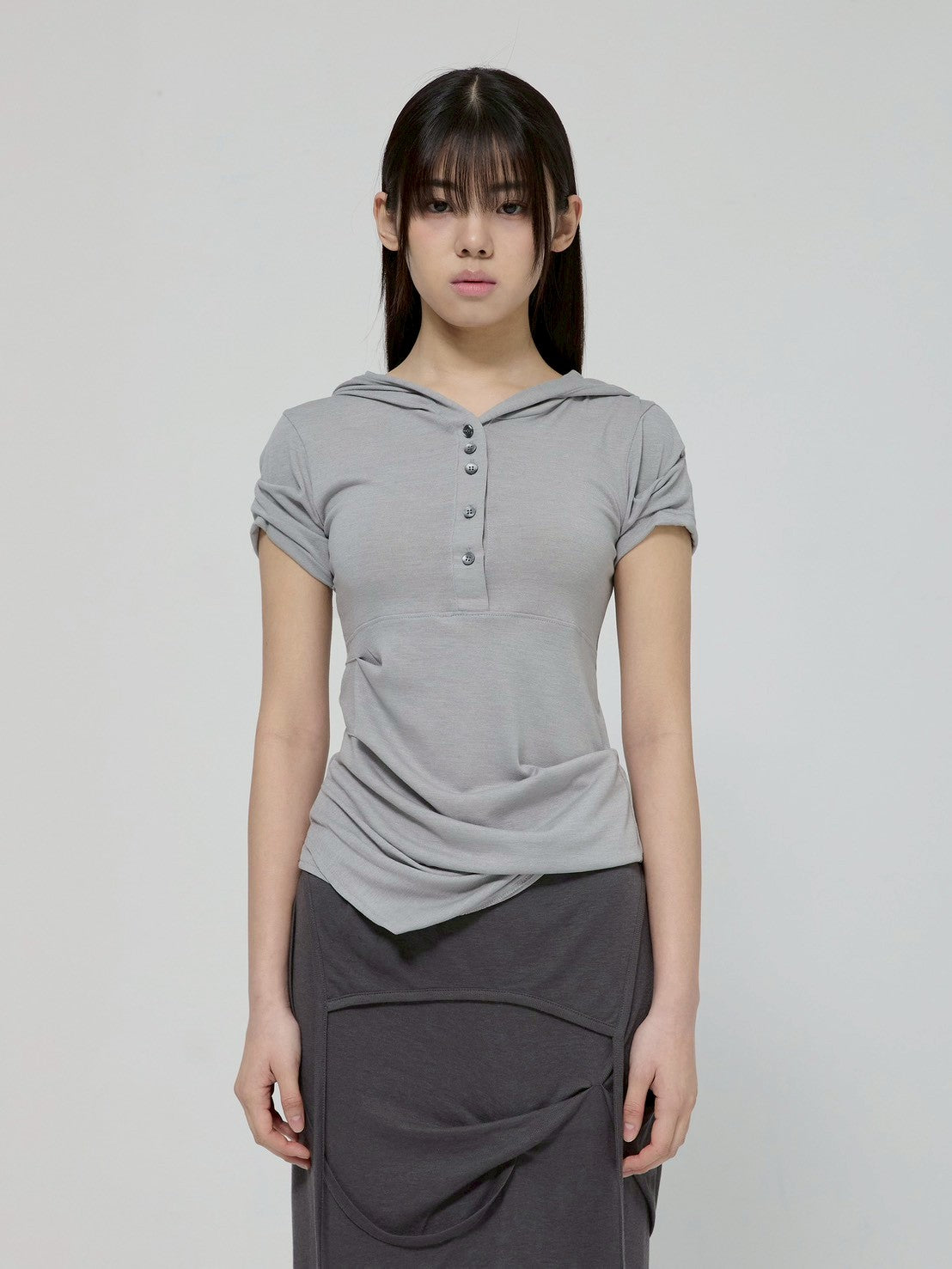 6/22 21:00発売【FLAREUP】Asymmetrical Half Sleeve Draped Hoodie