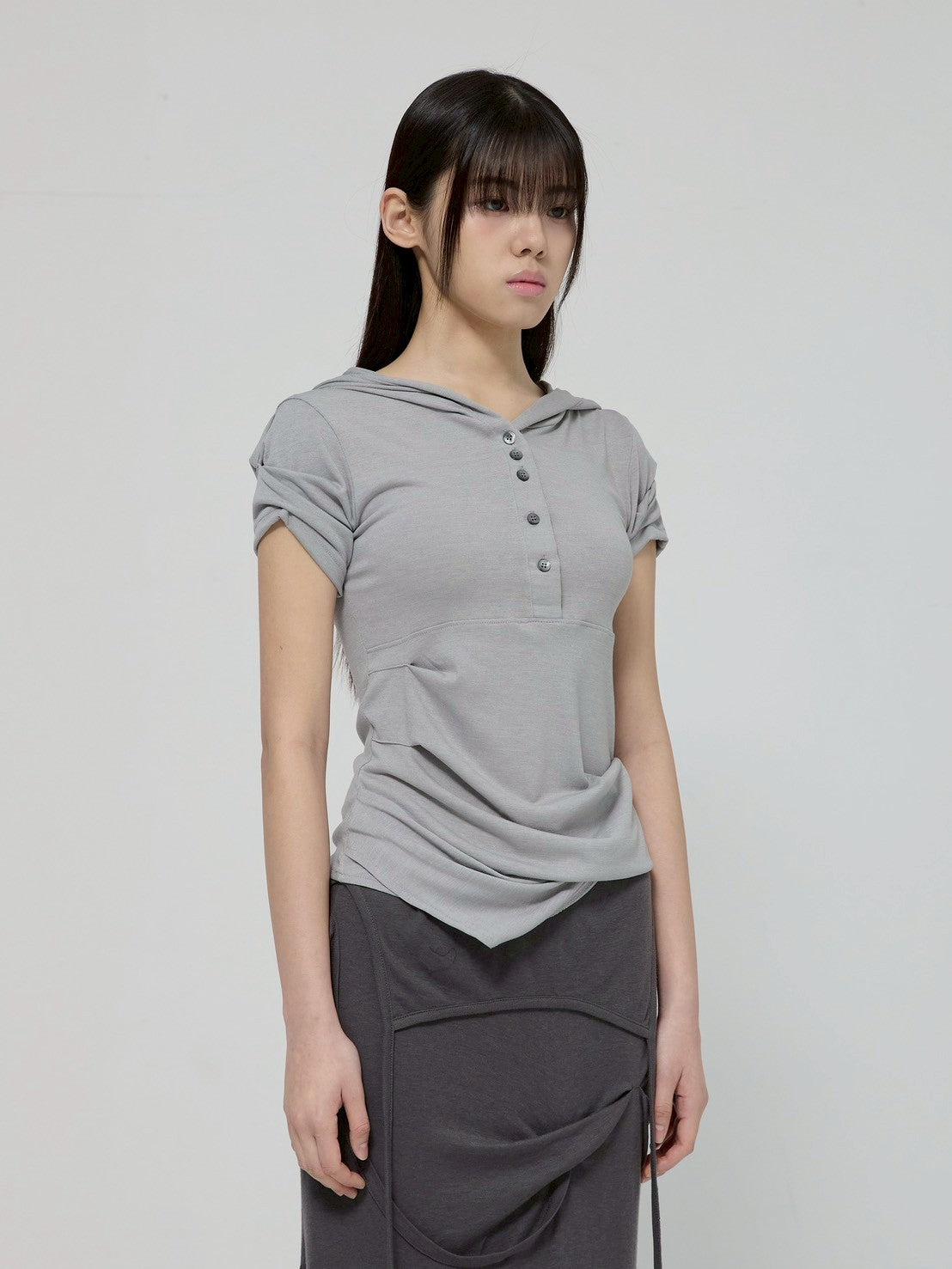 6/22 21:00発売【FLAREUP】Asymmetrical Half Sleeve Draped Hoodie