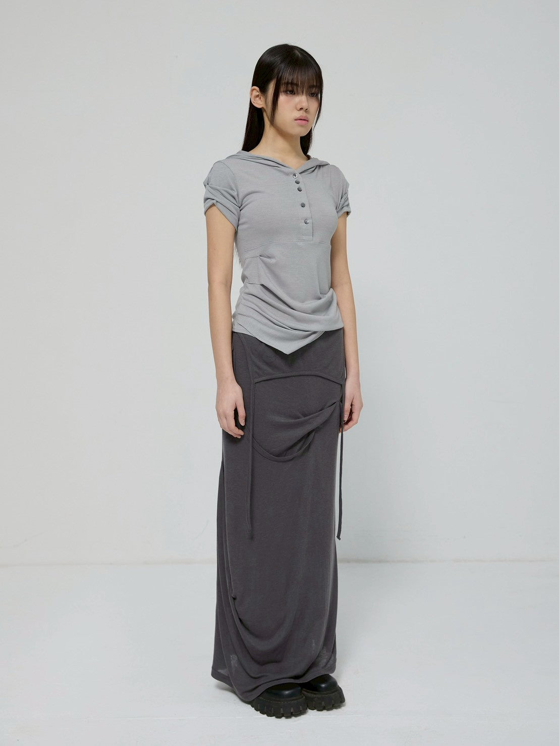 6/22 21:00発売【FLAREUP】Asymmetrical Half Sleeve Draped Hoodie