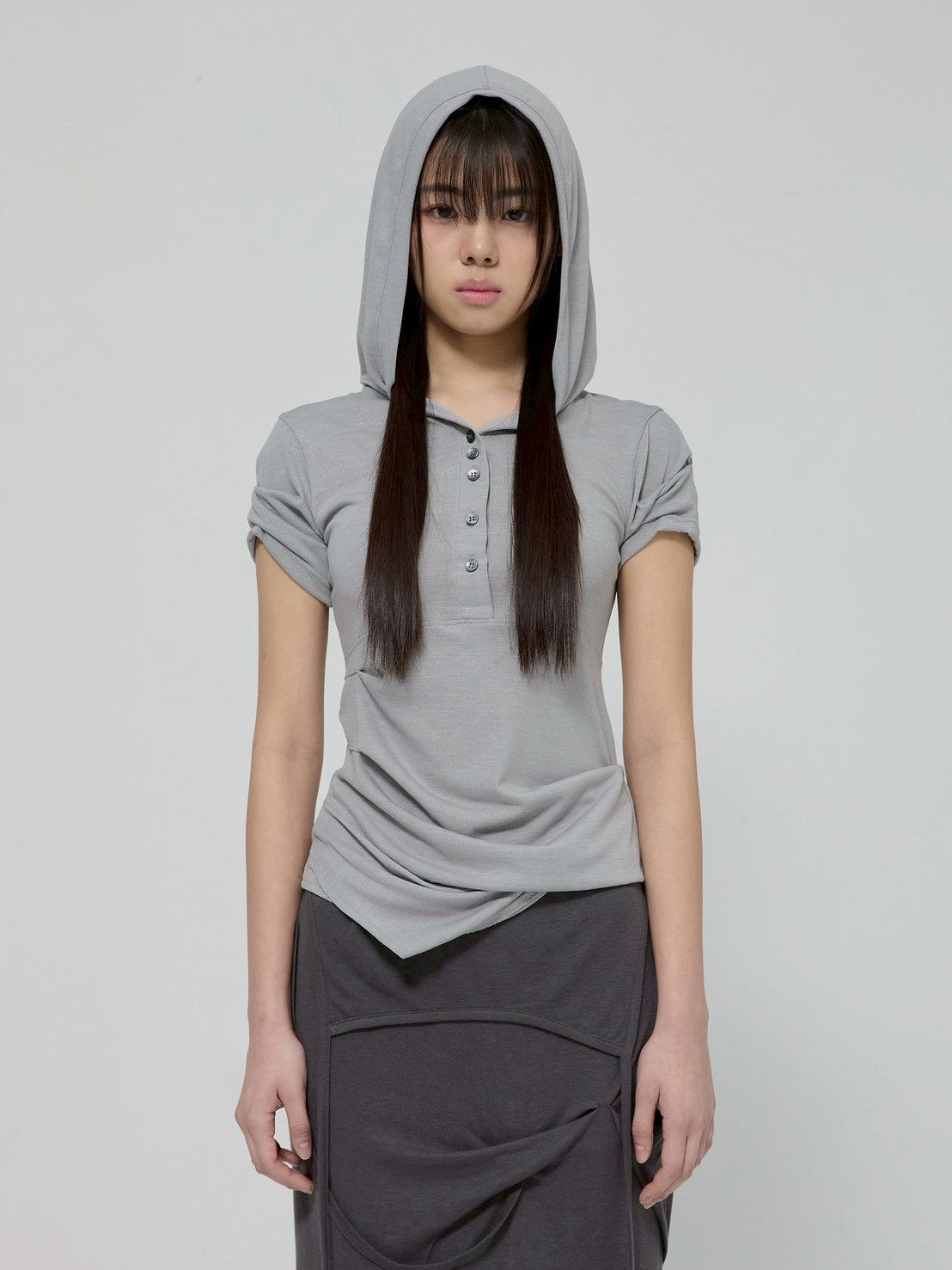 6/22 21:00発売【FLAREUP】Asymmetrical Half Sleeve Draped Hoodie